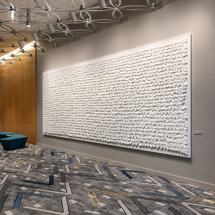 Interior hospitality artwork at Marriott Marquis Chicago featuring a large-scale dimensional handwritten text installation by Matthew Hoffman
