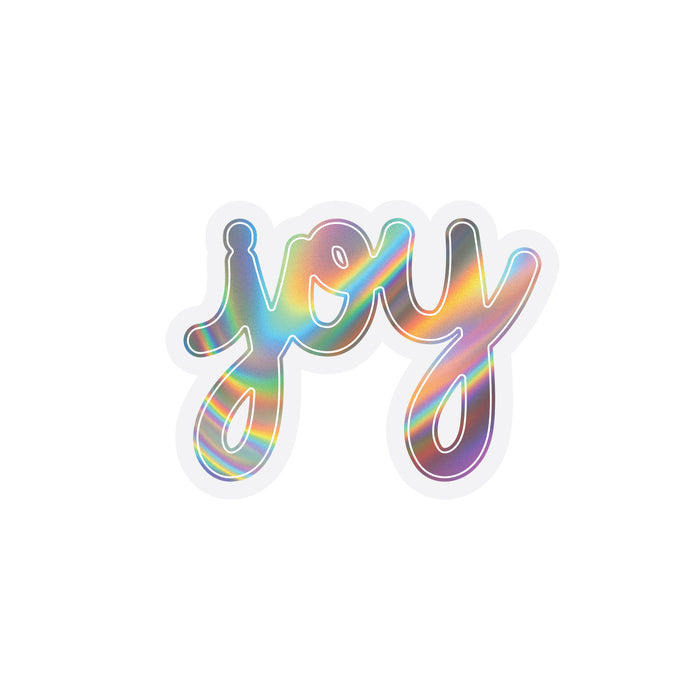 Holographic 'joy' text by Matthew Hoffman on a white background